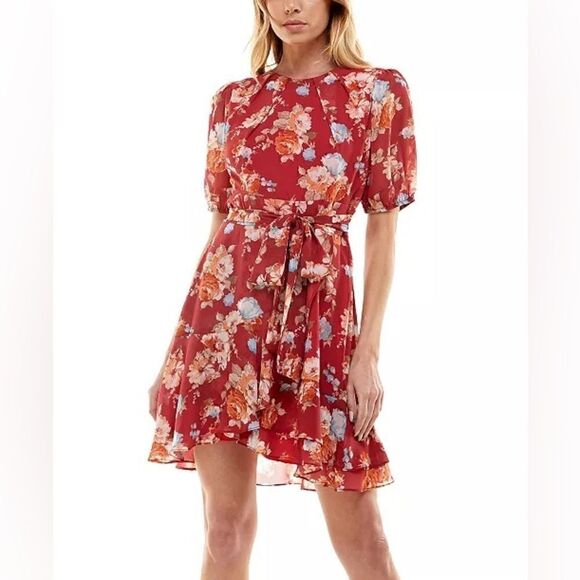 B DARLIN Juniors' Pleated-Neck Puff-Sleeve Dress Brick Multi New 9/10 - Picture 1 of 15